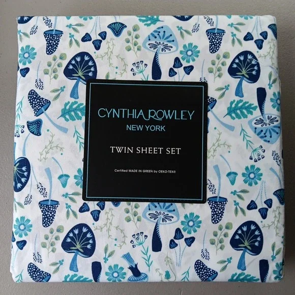 Cynthia Rowley Bedding Set of 4 TWIN Blue Mushroom Flower Groovy Cozy NEW Boho - Picture 1 of 4
